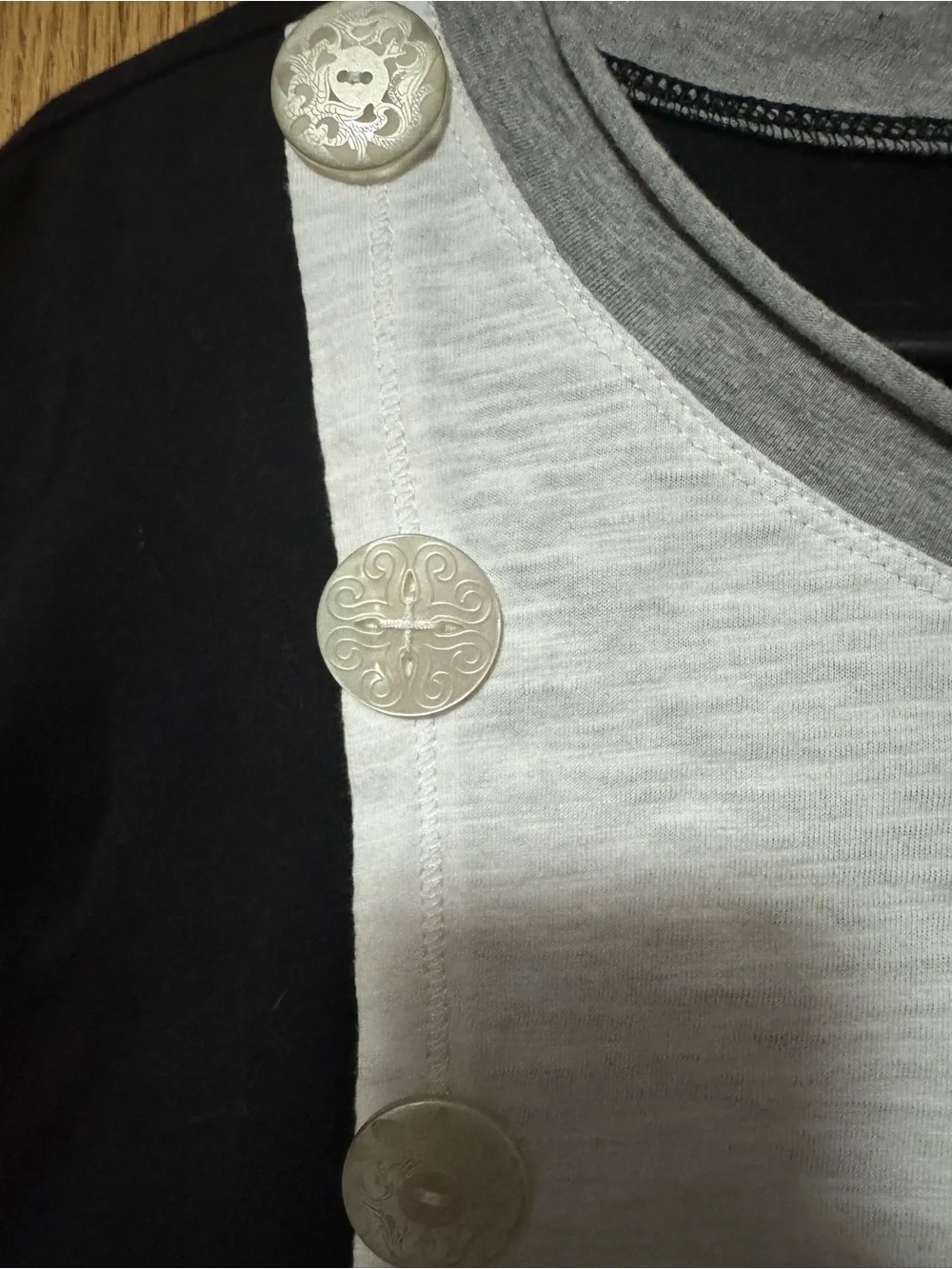 neon buddha Black, White & Gray Colorblock Short Sleeve Top with Button Detail